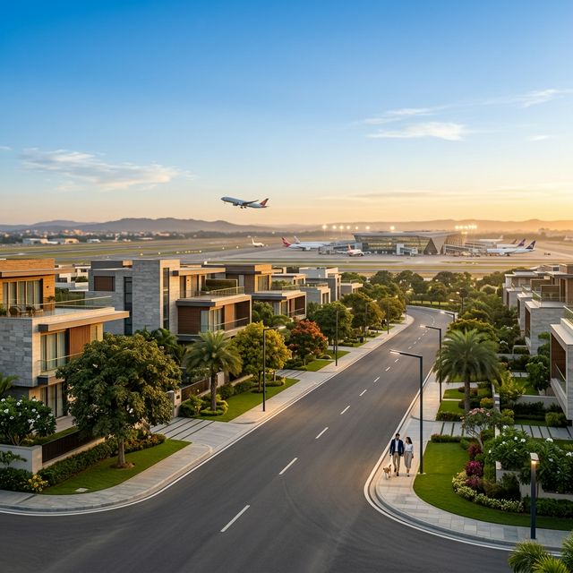 Lush green expansive estate landscape with trees and airport in distance
